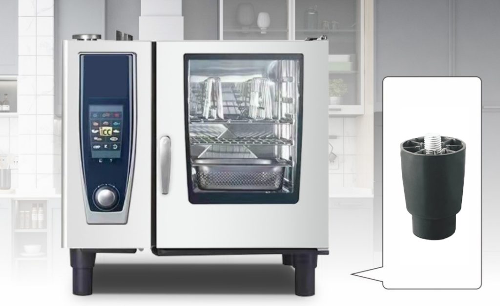 BH67 nylon adjustable foot is designed for various commercial kitchen equipment, static load up to 300kg, height range 105-125mm, ensures balance and stability.