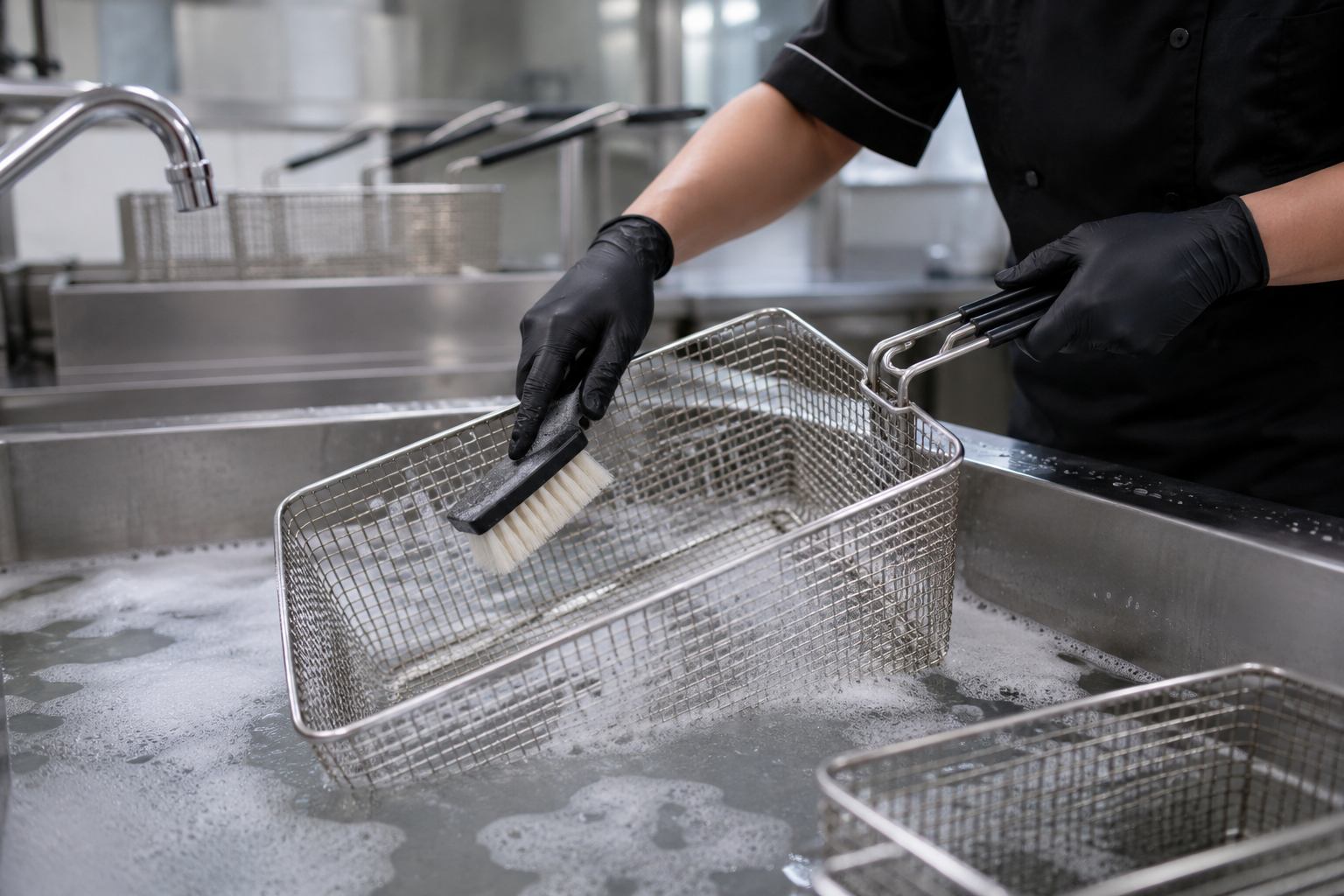 How to remove grease, rust, and burnt residue from a frying basket