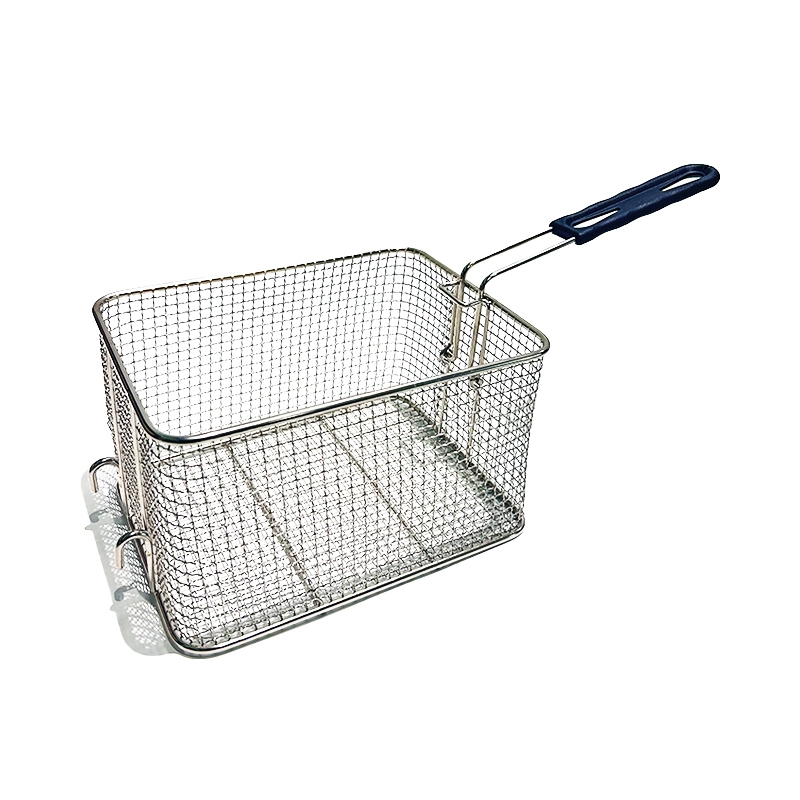 Commercial fryer basket with an insulated handle and reinforced wire construction