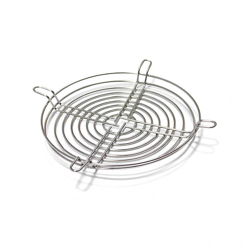 Convex stainless steel fan guard showing mounting tabs and fastening interfaces