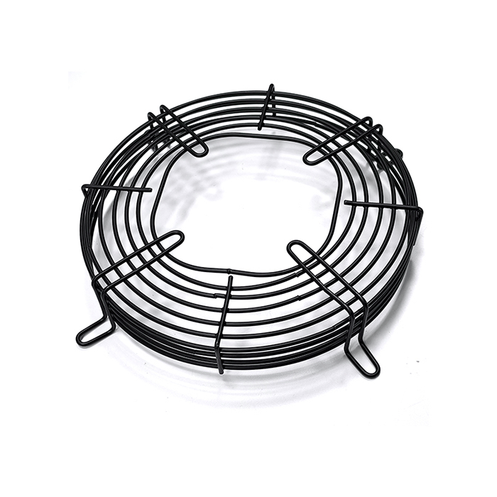 Stainless steel wire mesh fan guard showing circular rings radial wires and mounting tabs