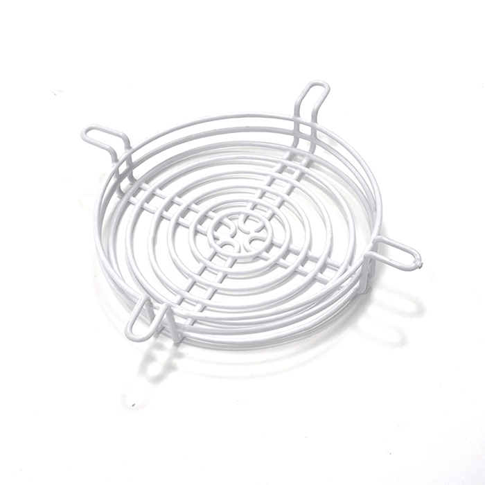 White convex wire fan guard showing raised circular profile and mounting tabs