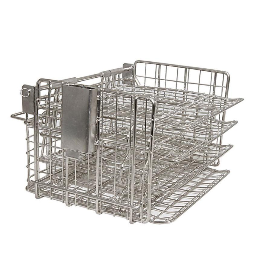 Four layer stainless steel fryer basket showing layer spacing and tray structure for OEM specifications