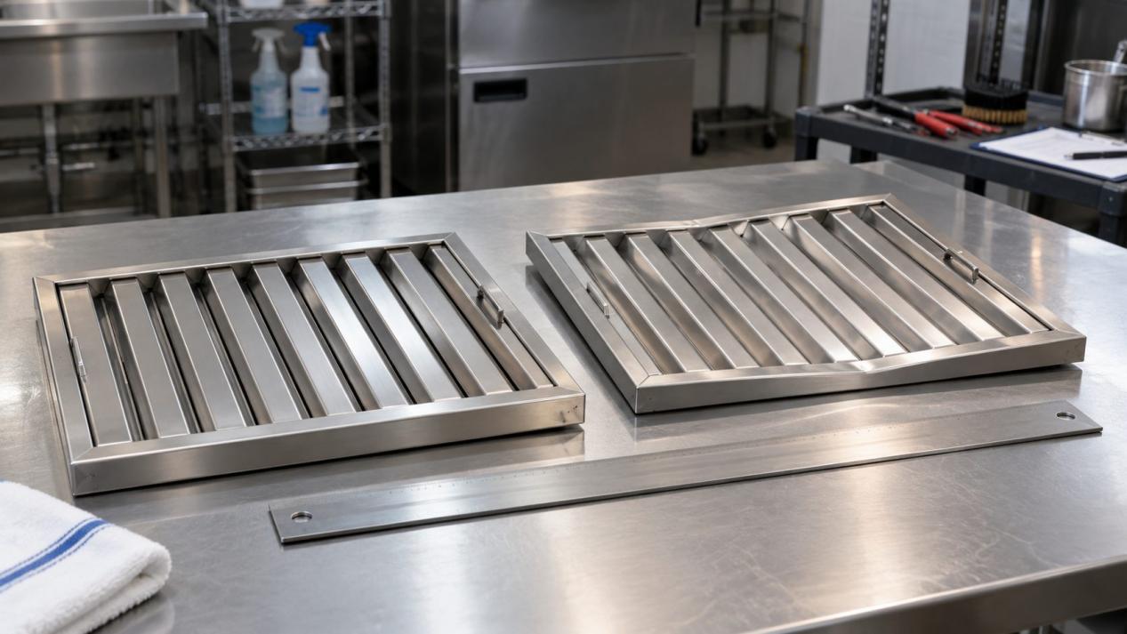 Double-handle stainless steel grease filter showing rectangular frame baffle layout and two handles