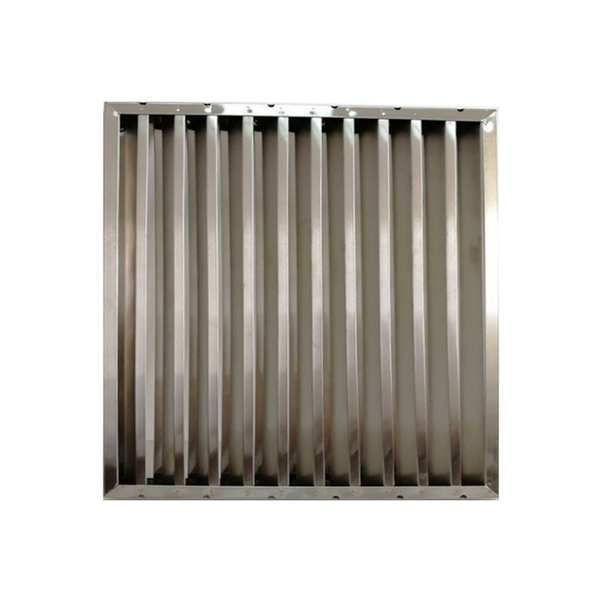 Stainless steel baffle filter showing frame edges and baffle arrangement