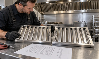 Technician inspecting loose baffle grease filter frame and support rails in a commercial exhaust hood